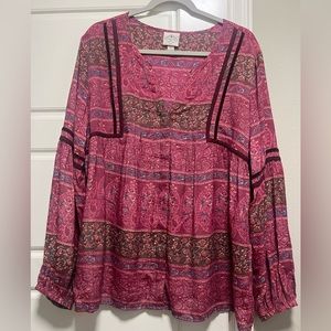 St John’s Bay Pink Floral Button Up Blouse XL Super Cute Sleeves